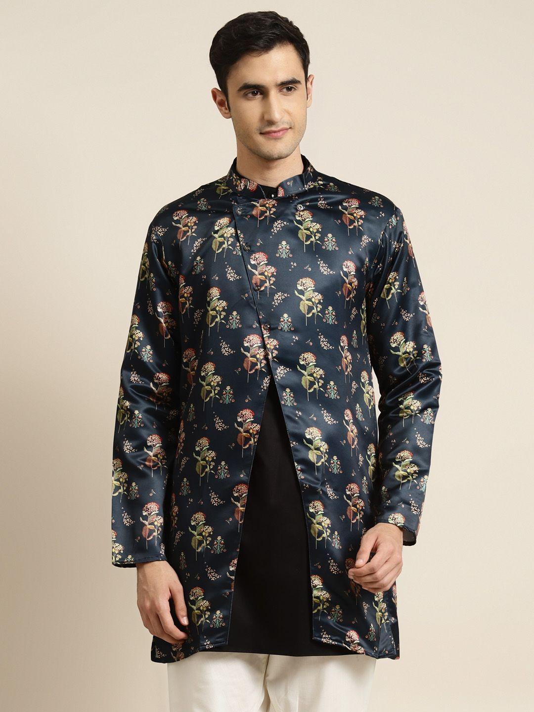 sojanya men navy blue & green printed asymmetric closure longline ethnic tailored jacket