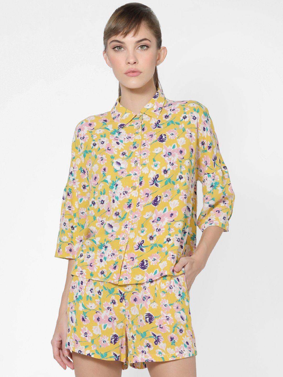 only women yellow & pink floral printed casual shirt