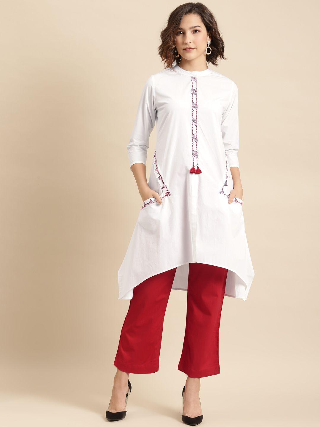 prakrti women white & red solid tunic with trousers