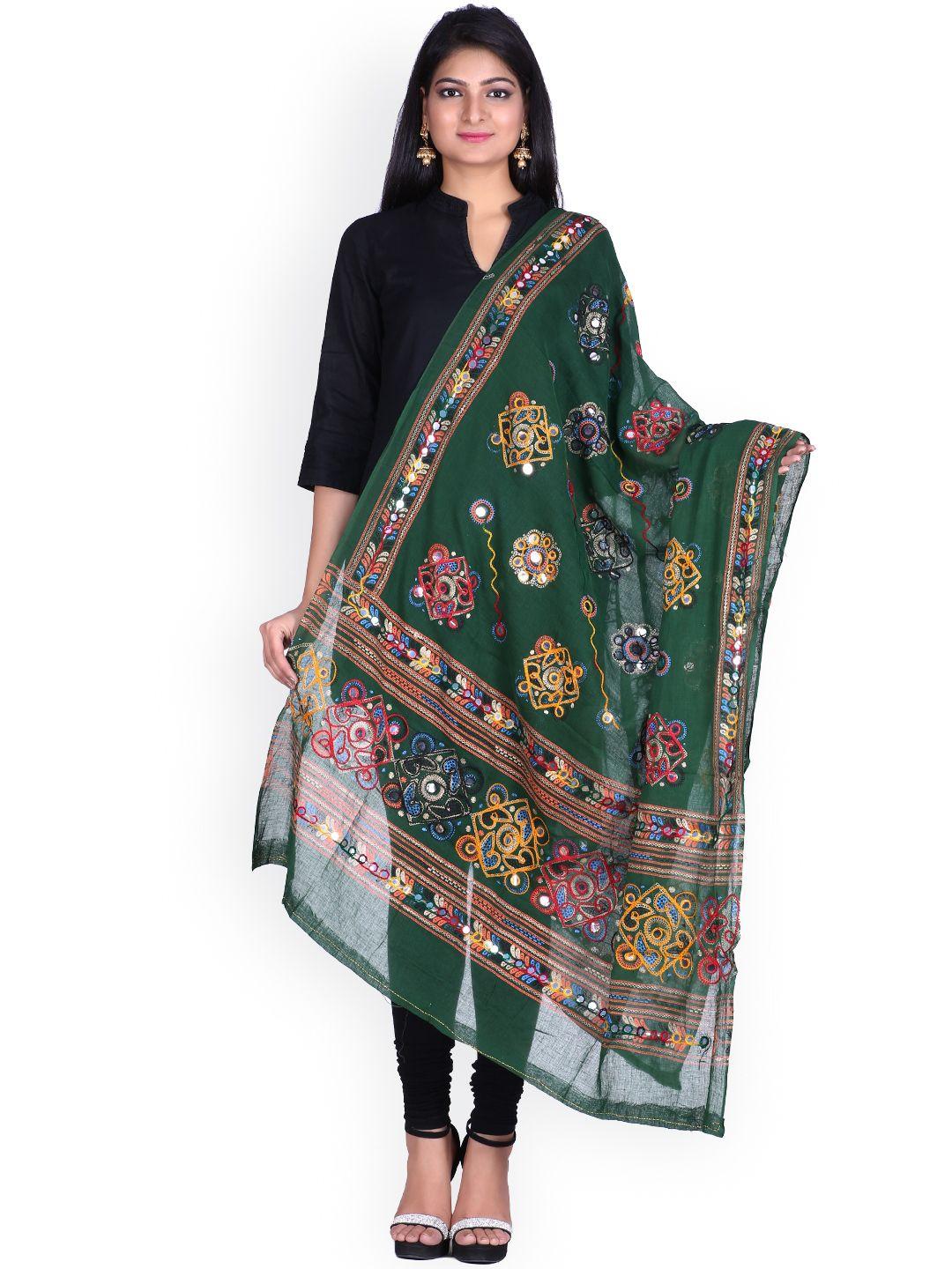 soundarya green kantha embroidered pure cotton dupatta