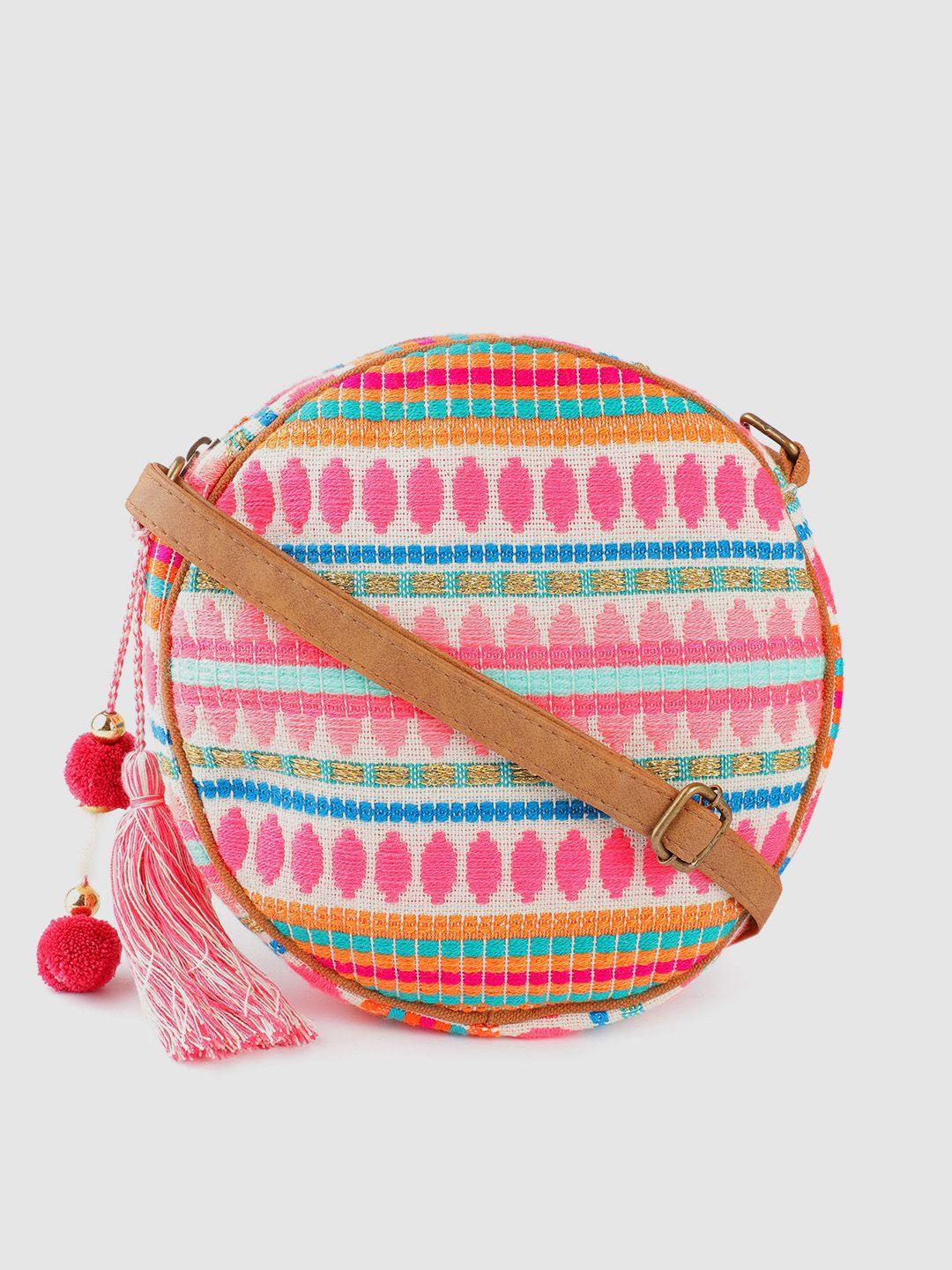 anouk pink & white ethnic motifs jacquard self design sling bag