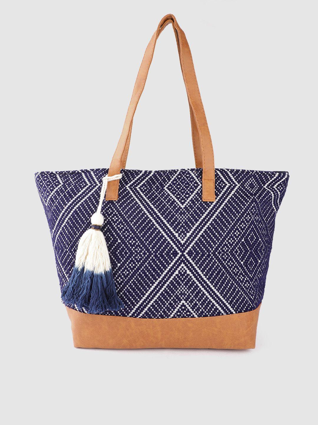 anouk navy blue & brown geometric pattern shoulder bag with tassels