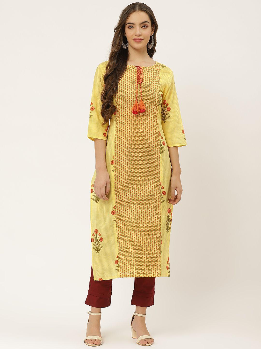 fabric fitoor women yellow & rust red ethnic floral printed kurta