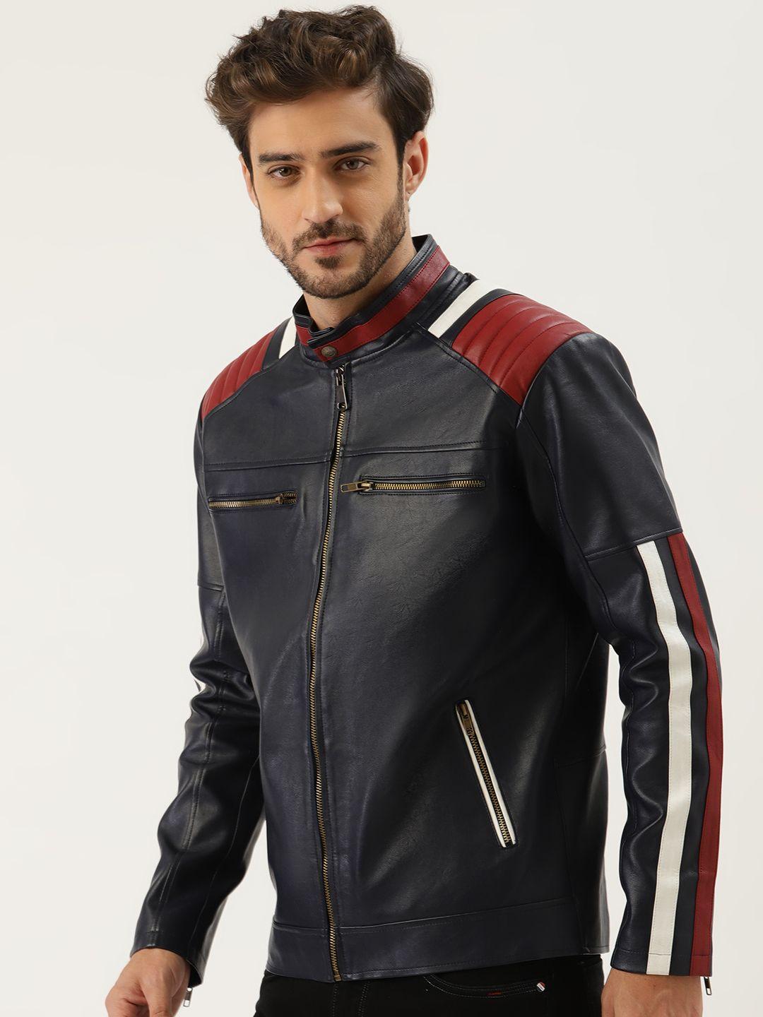 leather retail men navy blue solid leather jacket