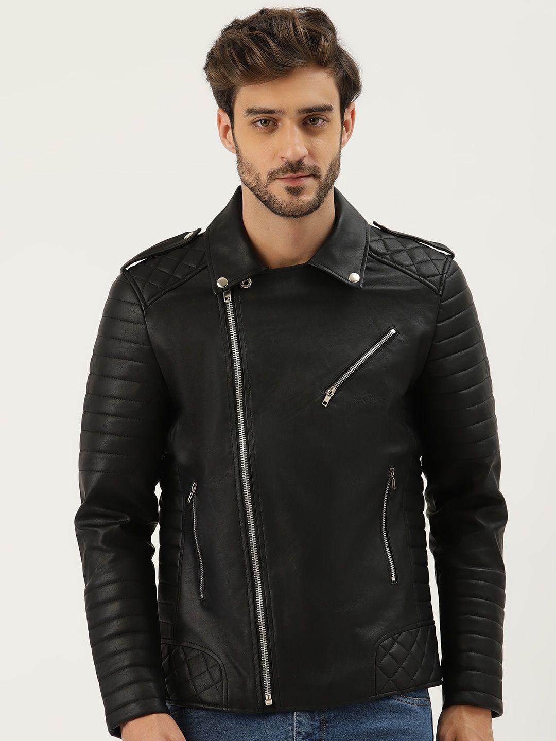 leather retail men black solid leather biker jacket