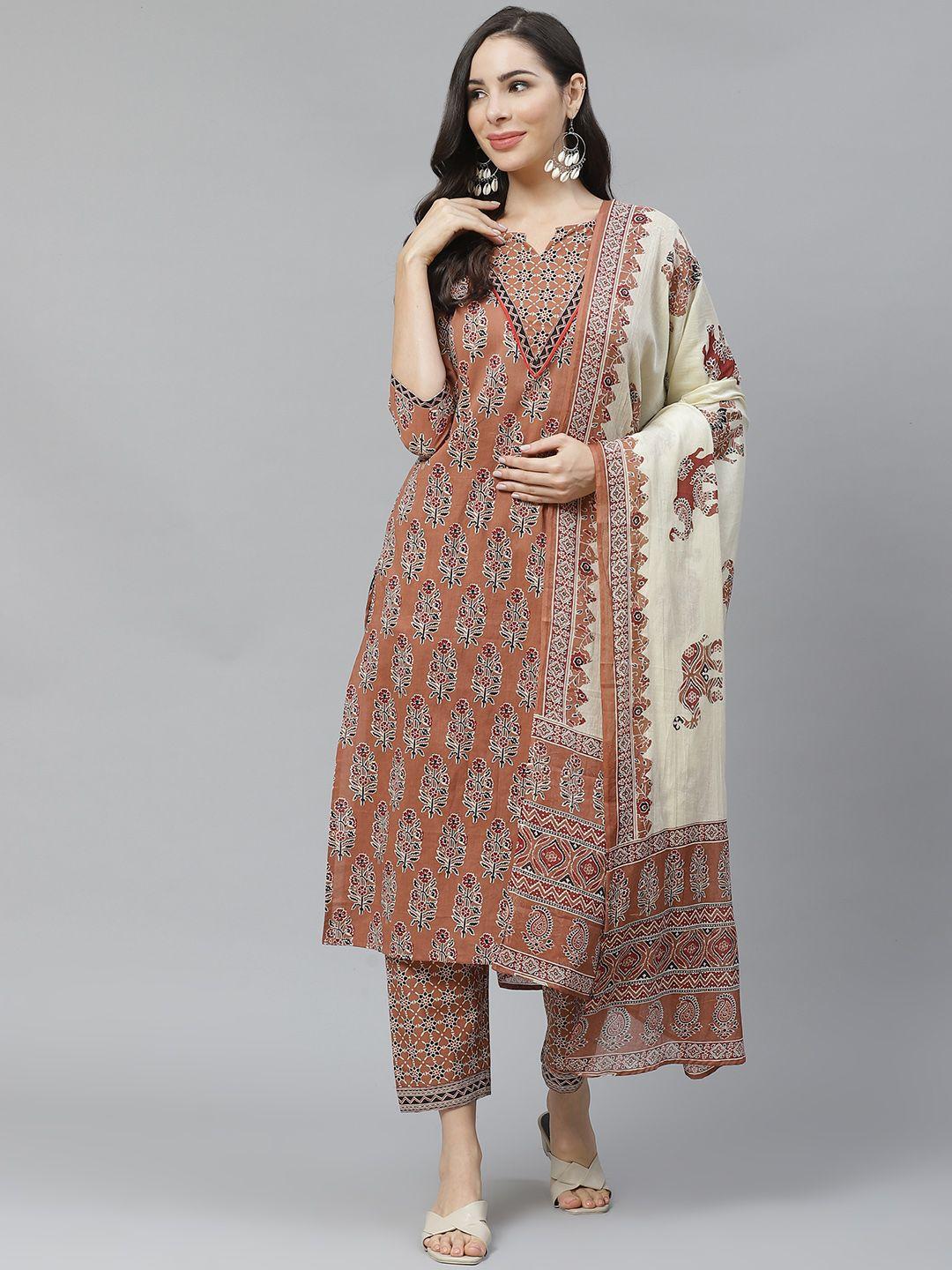 yuris women brown & black printed pure cotton kurta with palazzos & dupatta