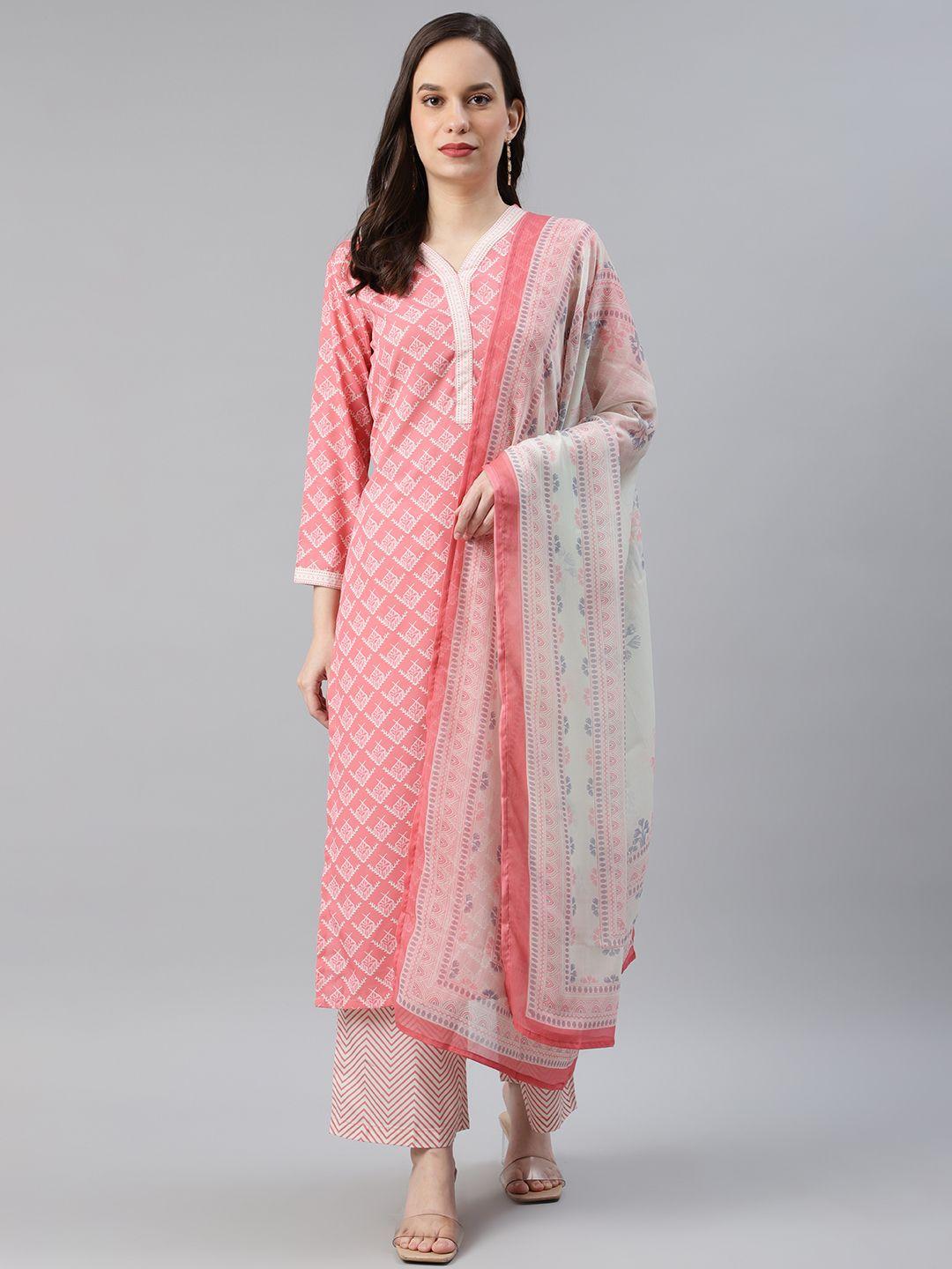 ahika women pink & white printed kurta with palazzos & dupatta