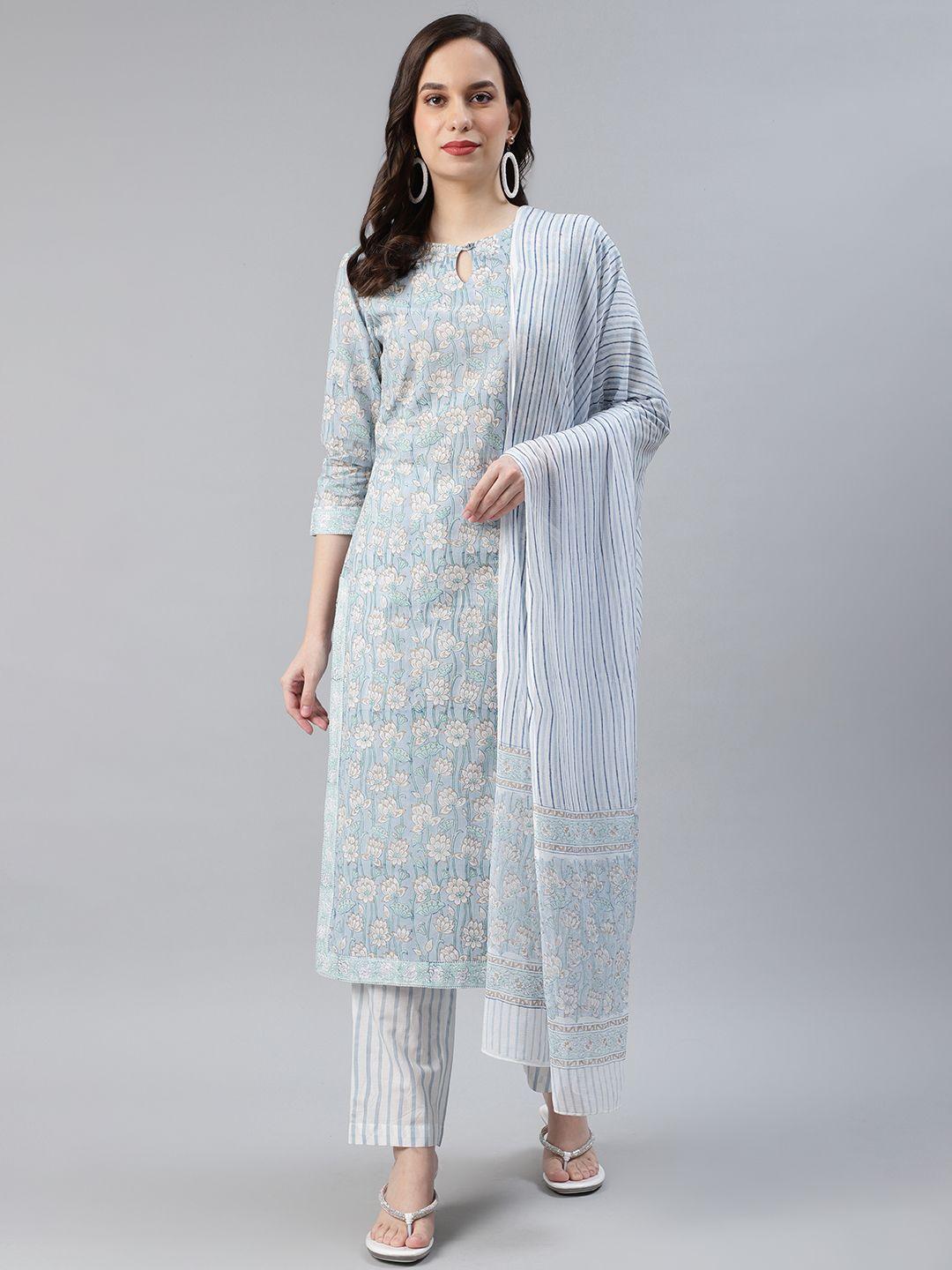 ahika women blue & white printed pure cotton kurta with trousers & dupatta