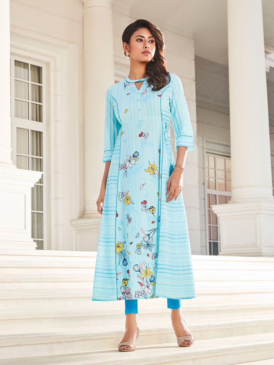 aurelia women blue floral printed keyhole neck thread work kurta