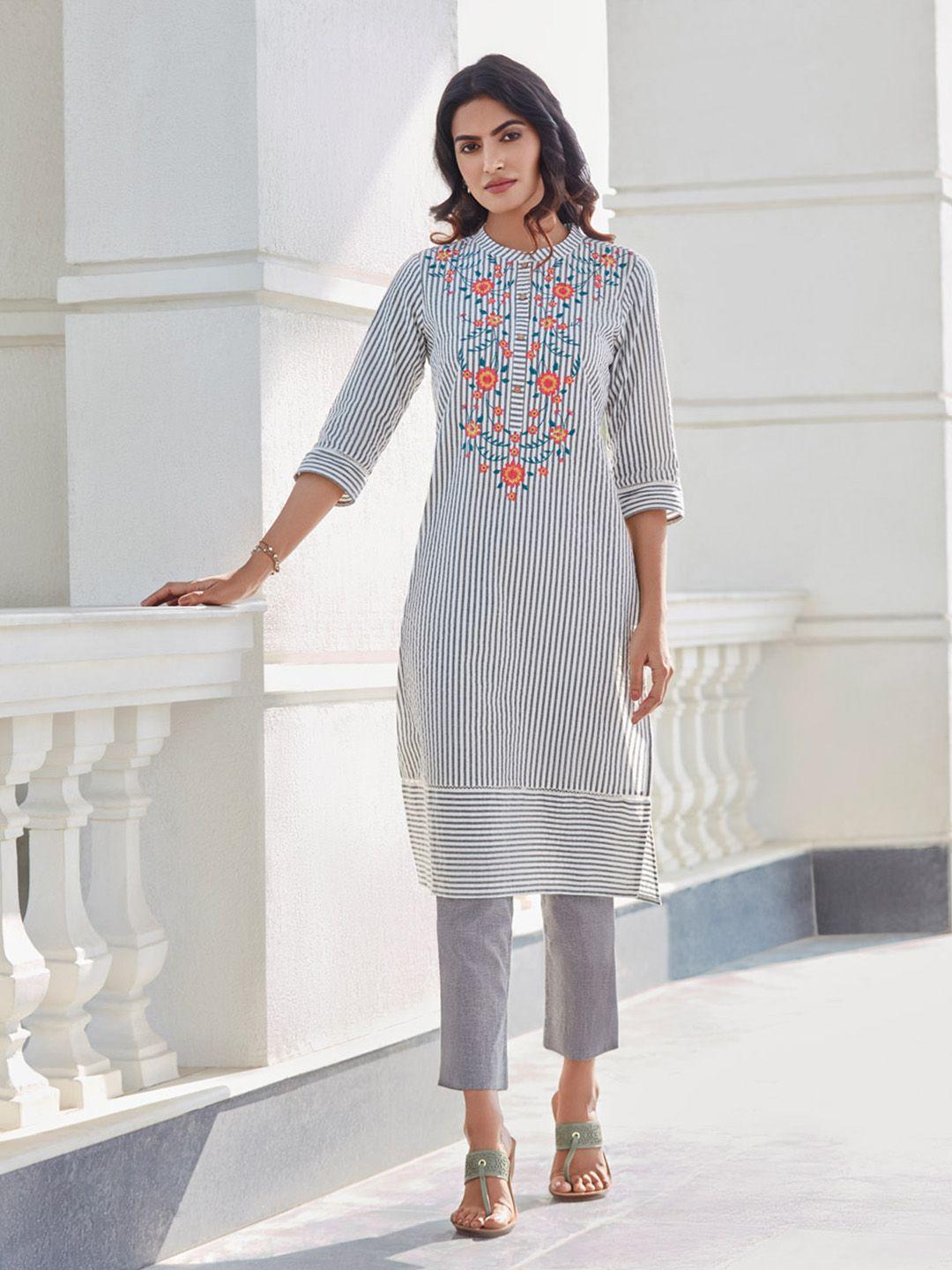 aurelia women white & grey striped thread work floral pure cotton kurta