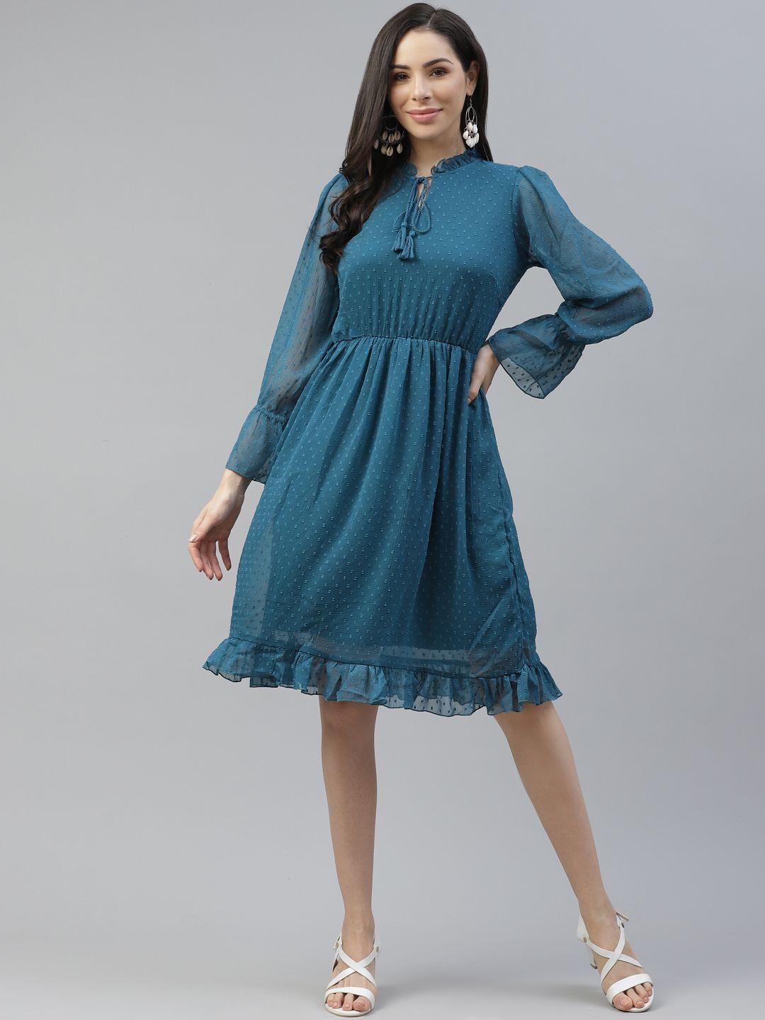 pluss teal blue tie-up neck a-line dress