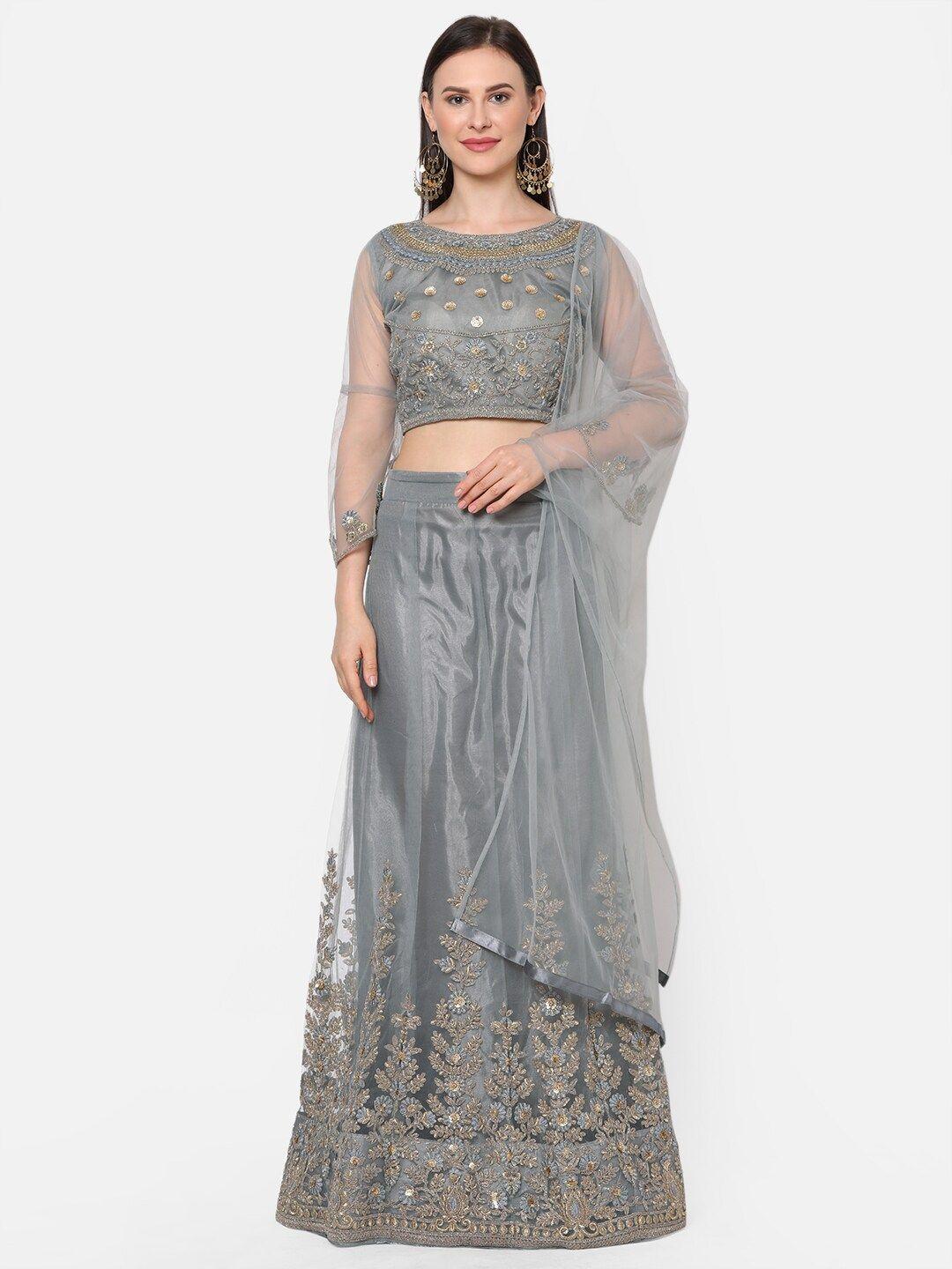 redround grey & gold-toned embroidered semi-stitched lehenga & unstitched blouse with dupatta