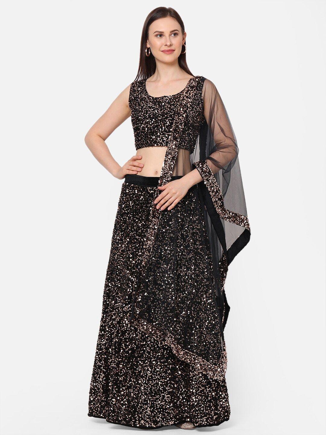 redround brown & black embellished semi-stitched lehenga & unstitched blouse with dupatta