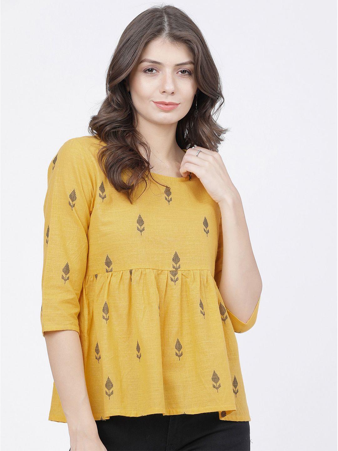 vishudh yellow printed pure cotton a-line top