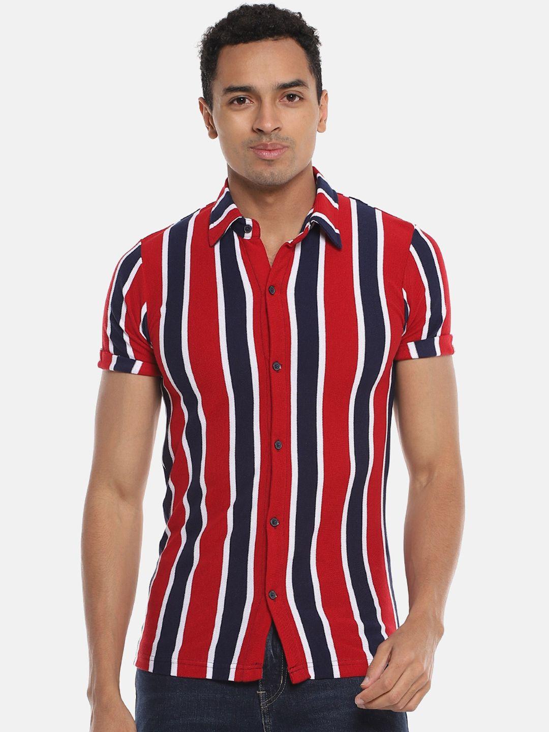 campus sutra men red & blue regular fit pure cotton striped casual shirt