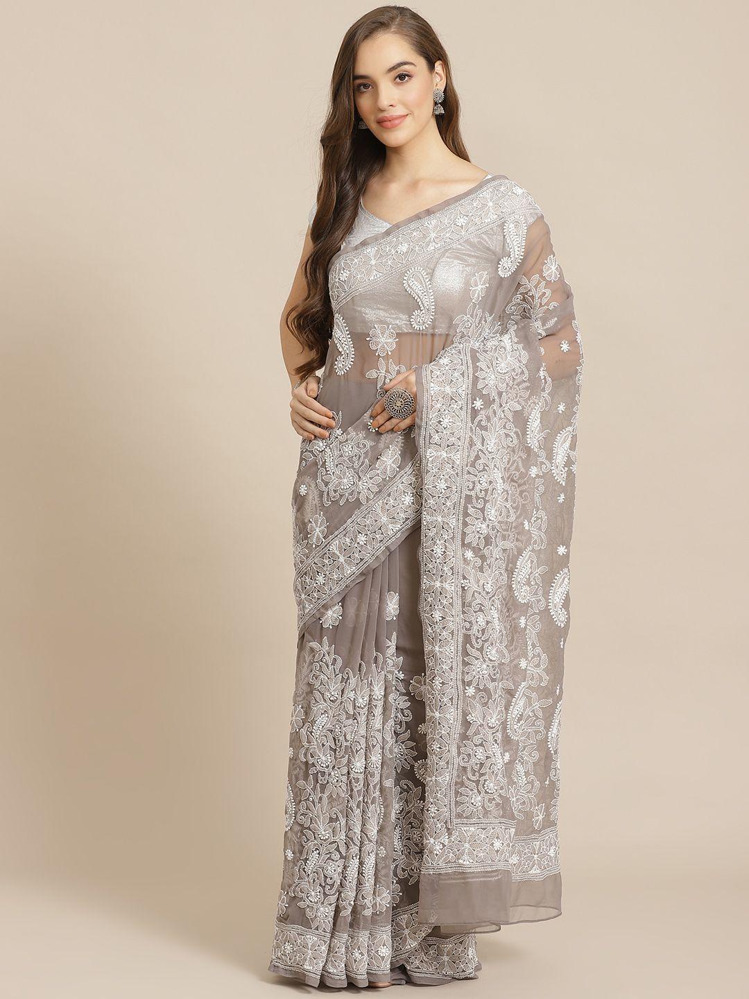 ada women grey & white poly georgette chikankari embroidered handloom saree