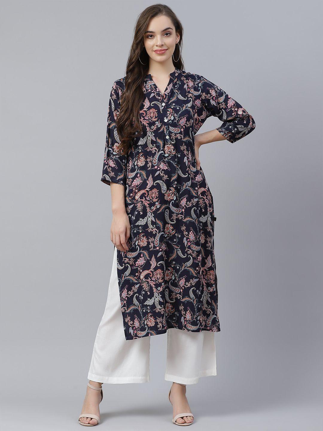 divena women navy blue ethnic motifs print kurta