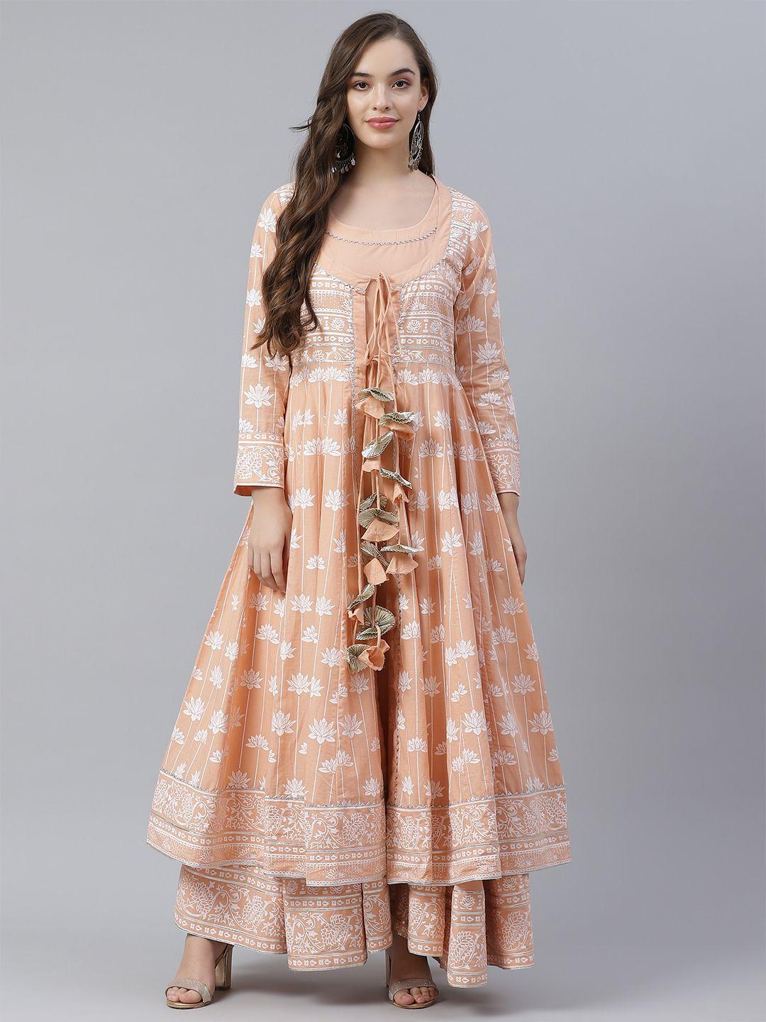 divena women peach & white floral printed gotta patti pastels anarkali kurta