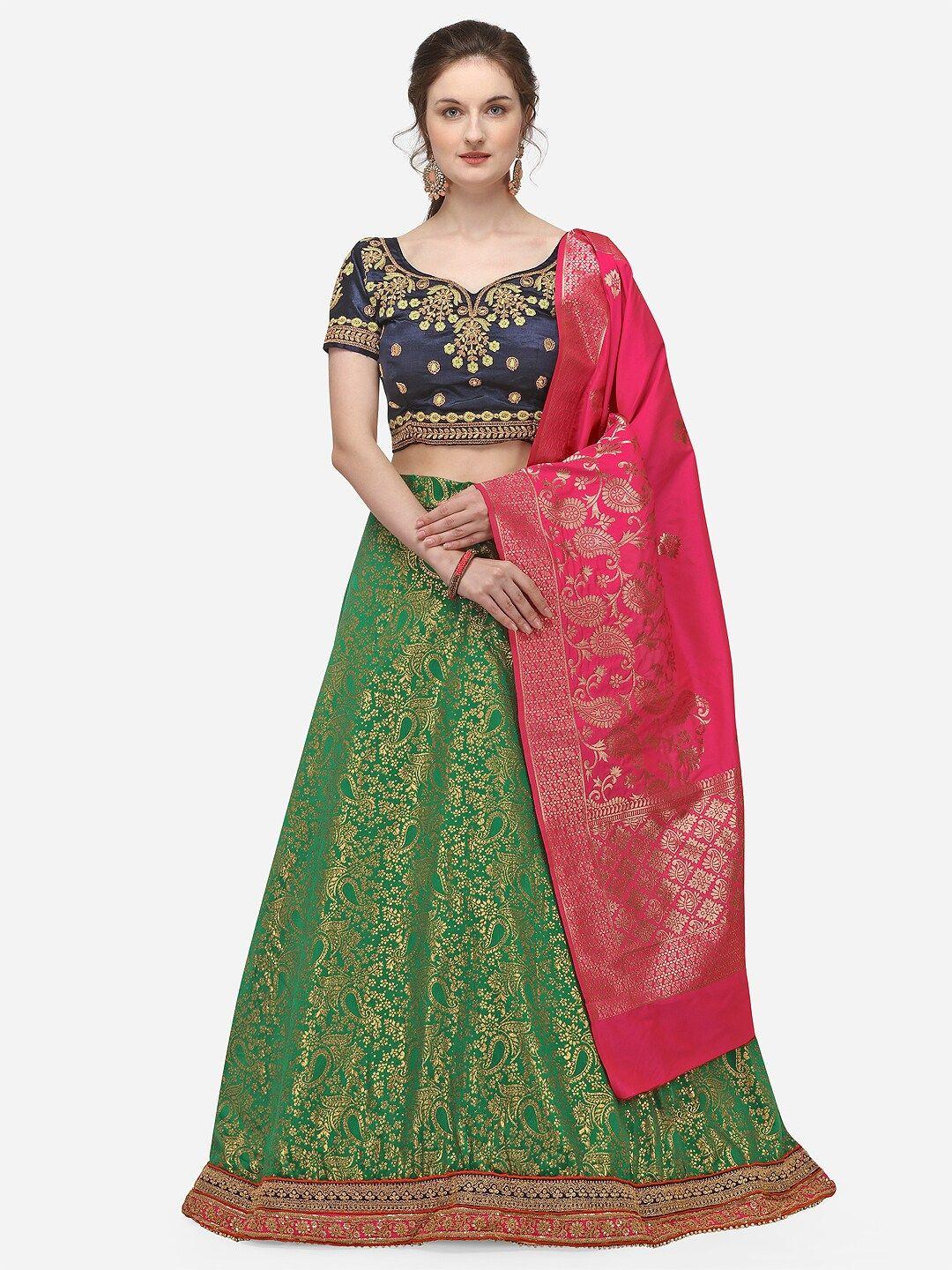 jatriqq green & blue woven design \ semi-stitched lehenga & unstitched blouse with dupatta