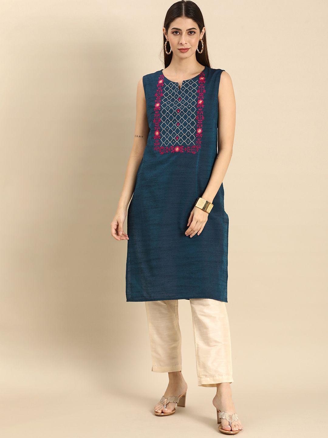 anouk women blue & white embroidered kurta