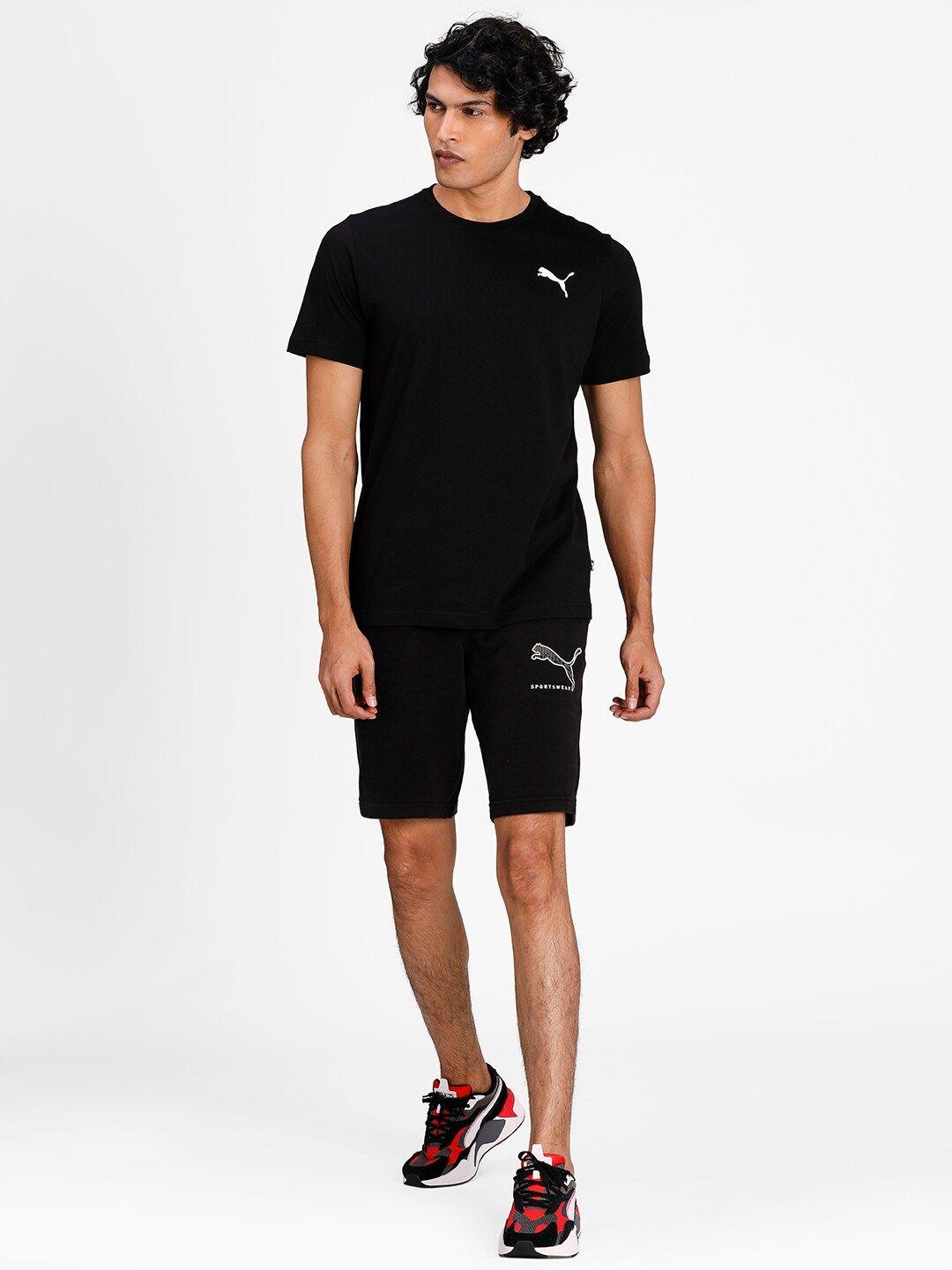 puma men black solid round neck cotton t-shirt