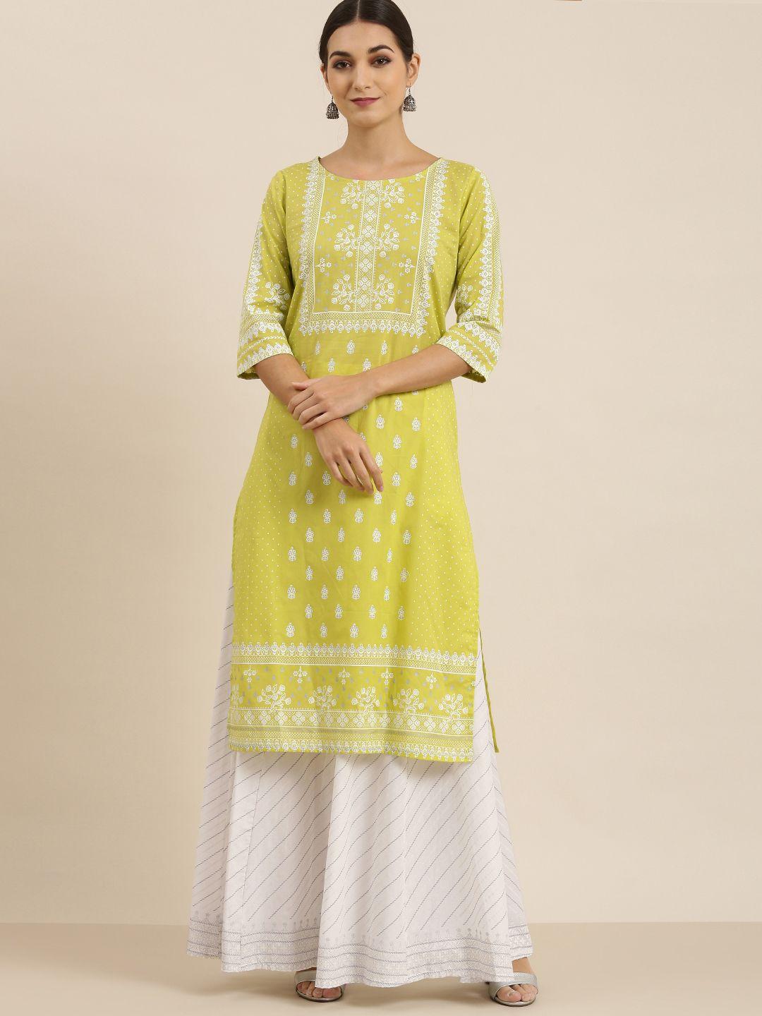 vishudh women lime green ethnic motifs printed pure cotton kurta with skirt