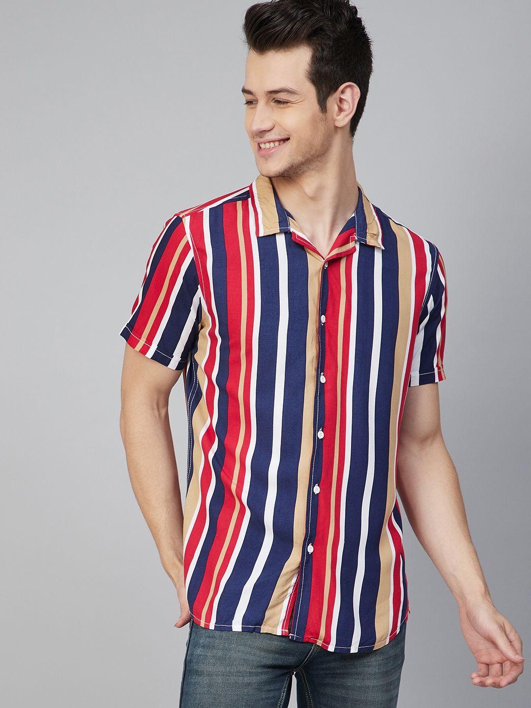 here&now men red & navy blue regular fit striped casual shirt