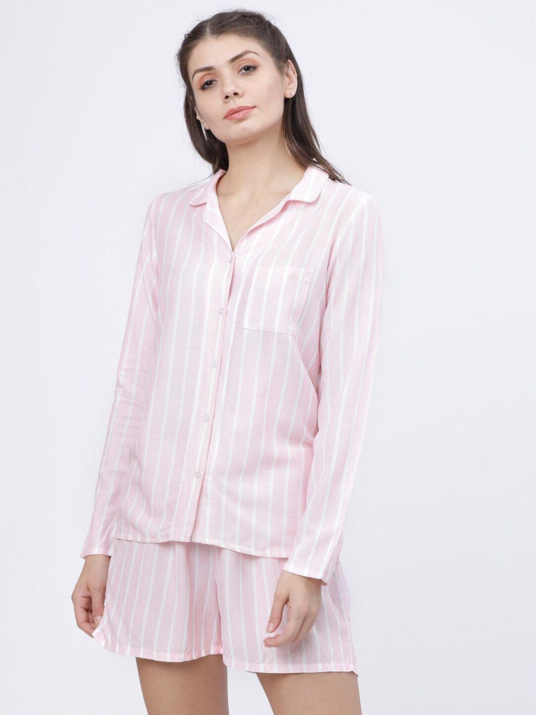 tokyo talkies women pink & white striped night suit