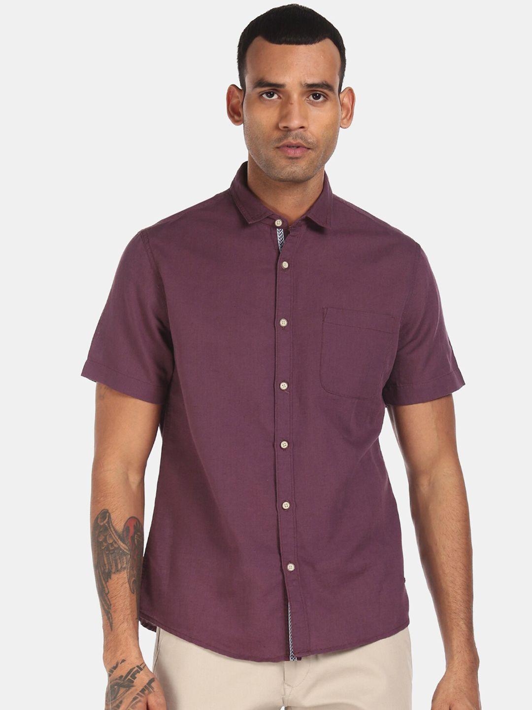 cherokee men burgundy solid cotton linen casual shirt