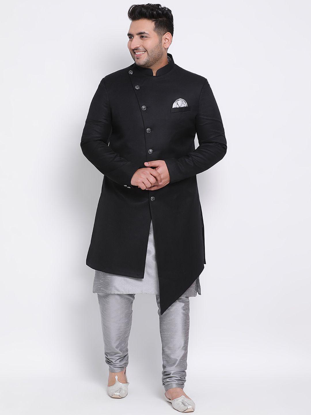 hangup men black & silver solid sherwani set