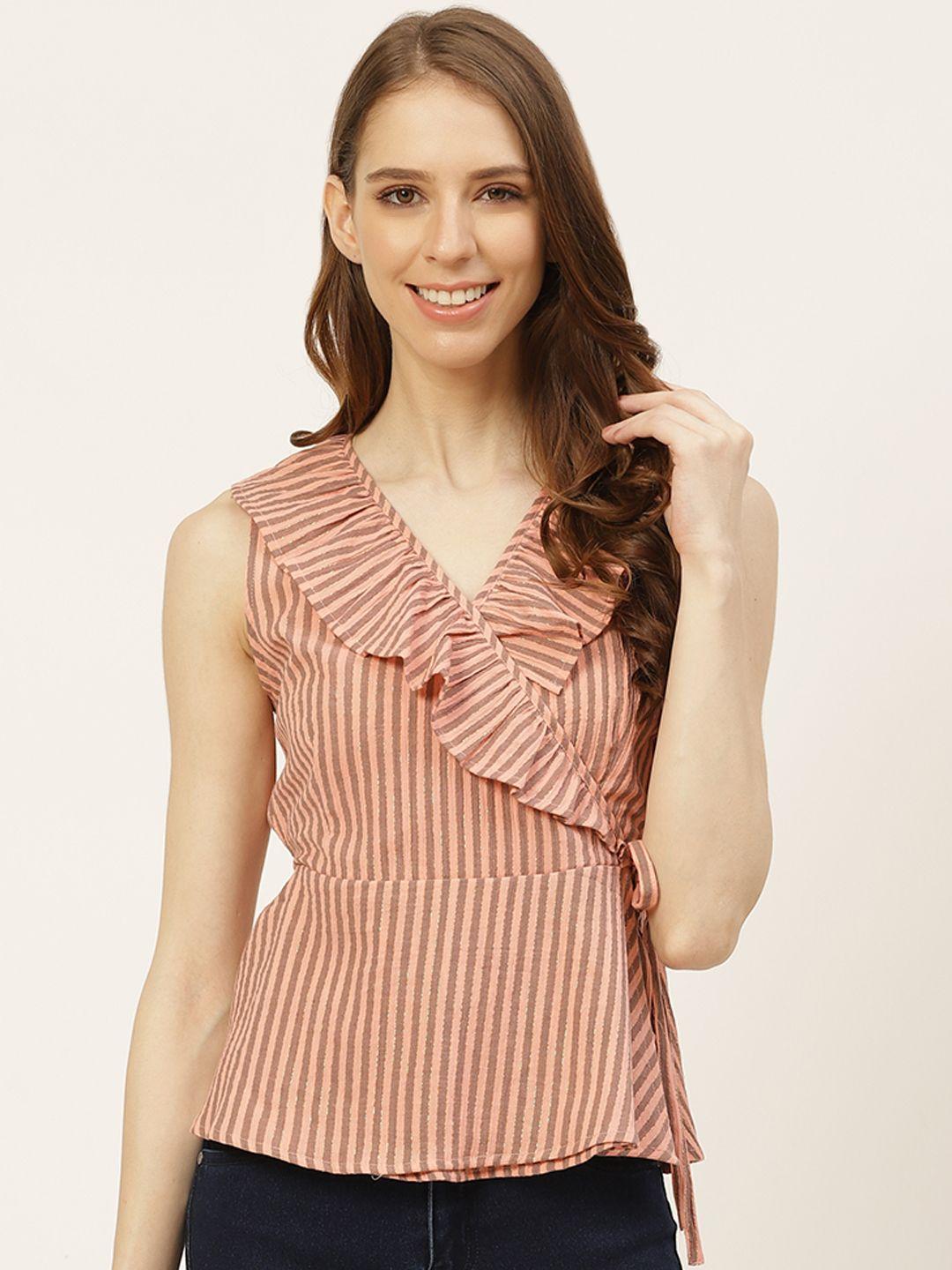 off label peach-colored & brown striped ruffles pure cotton wrap top