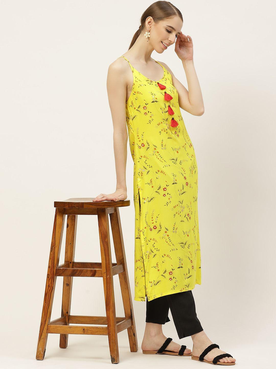 anouk women yellow & black floral printed kurta