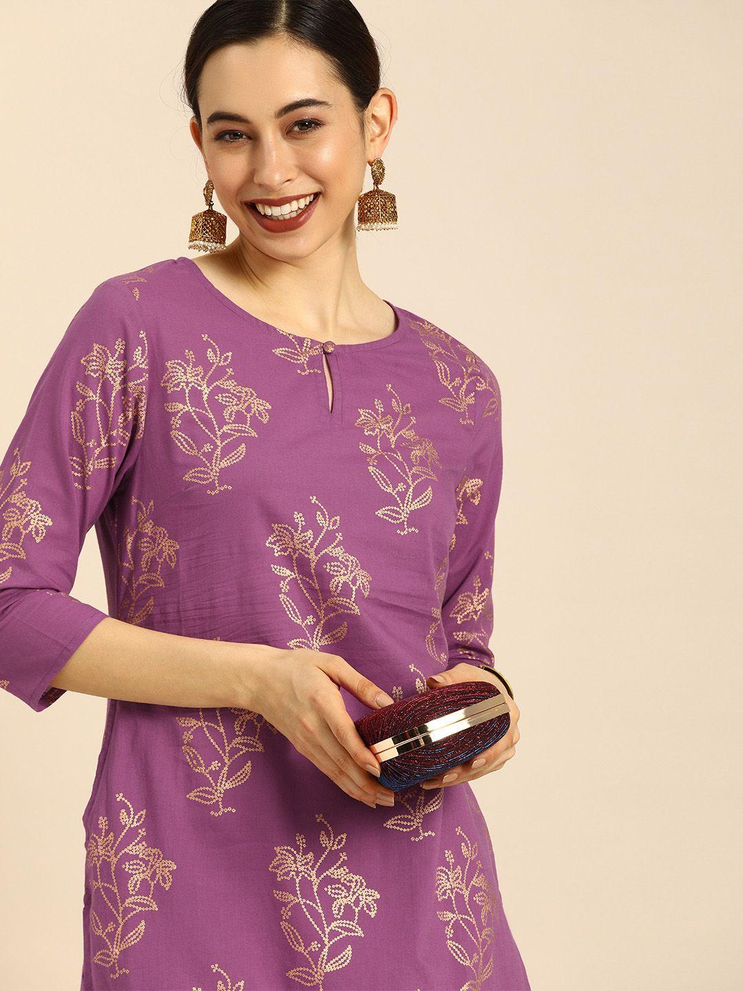 anouk women purple & gold-toned ethnic motifs printed kurta