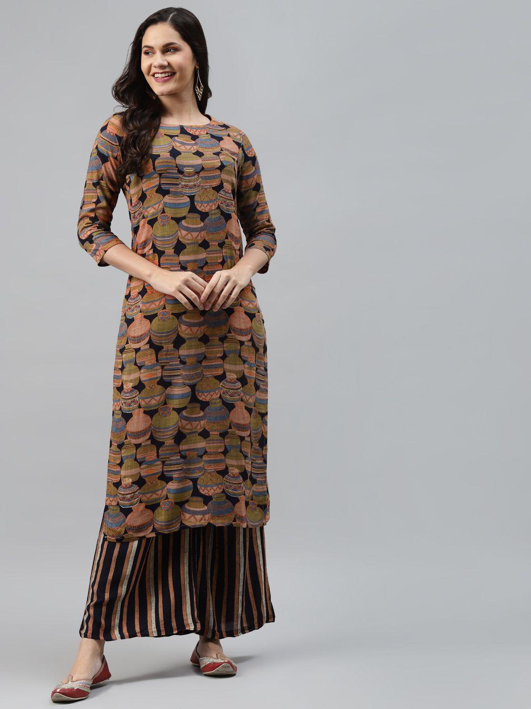 nehamta women brown & black ethnic motifs printed regular kurta with palazzos