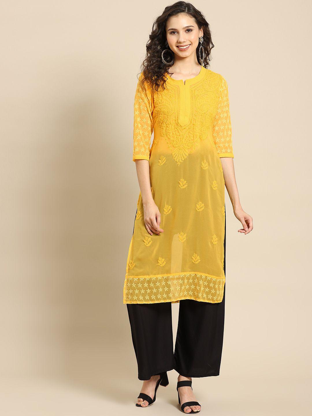 saadgi women mustard yellow & black ethnic motifs embroidered handloom kurta with palazzos