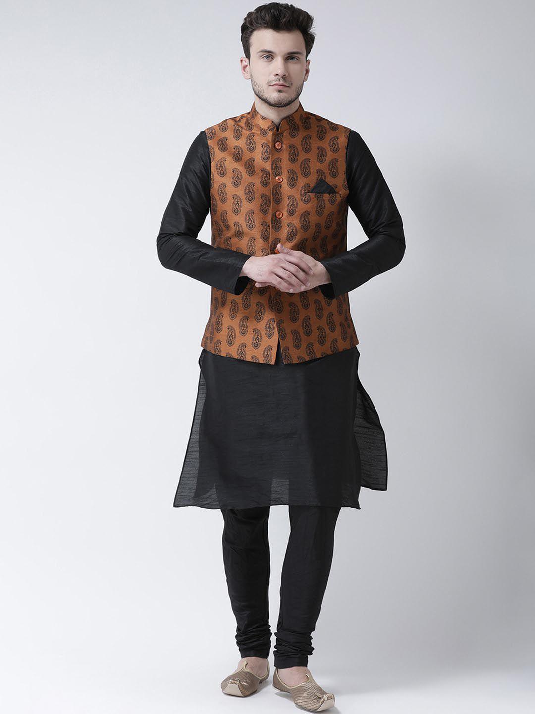 deyann men black solid kurta set with nehru jacket