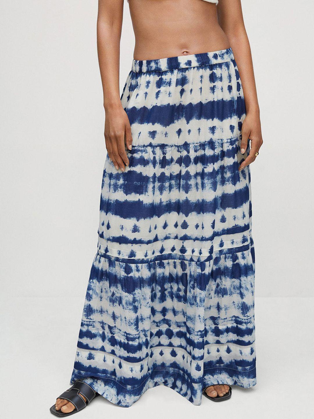 mango women white & blue sustainable pure cotton tie & dye maxi tiered skirt