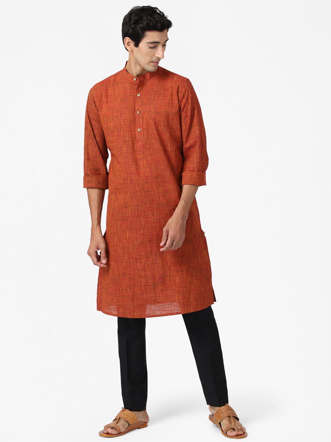 fabindia men rust orange pure cotton solid slim fit kurta