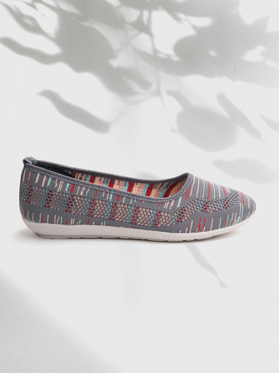 marc loire women charcoal grey & red striped woven design ballerinas