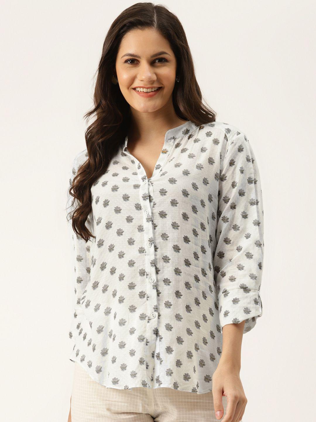 ritu kumar women off white & grey cotton printed casual shirt