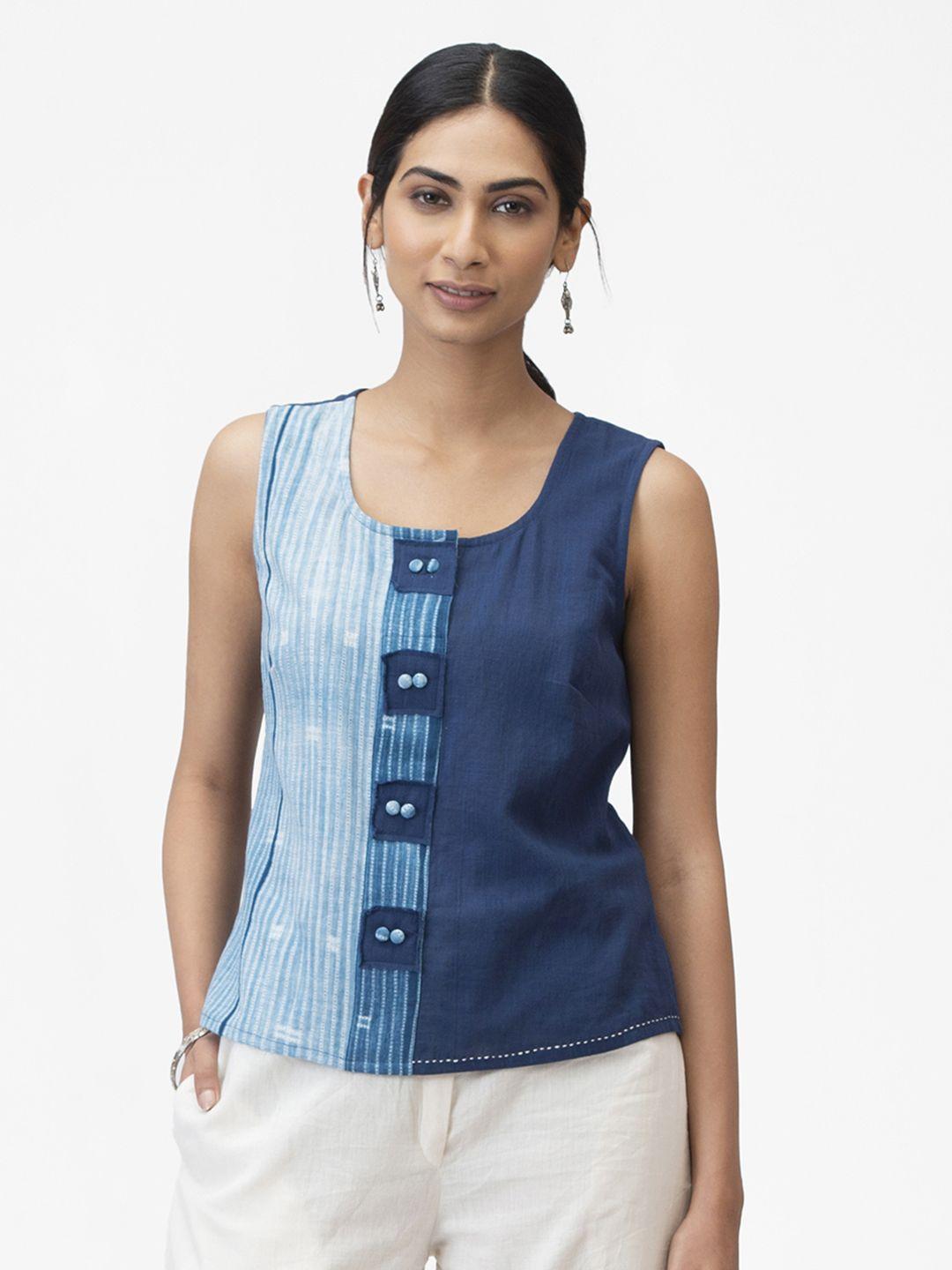 fabindia navy blue & off white pure cotton striped indigo regular top