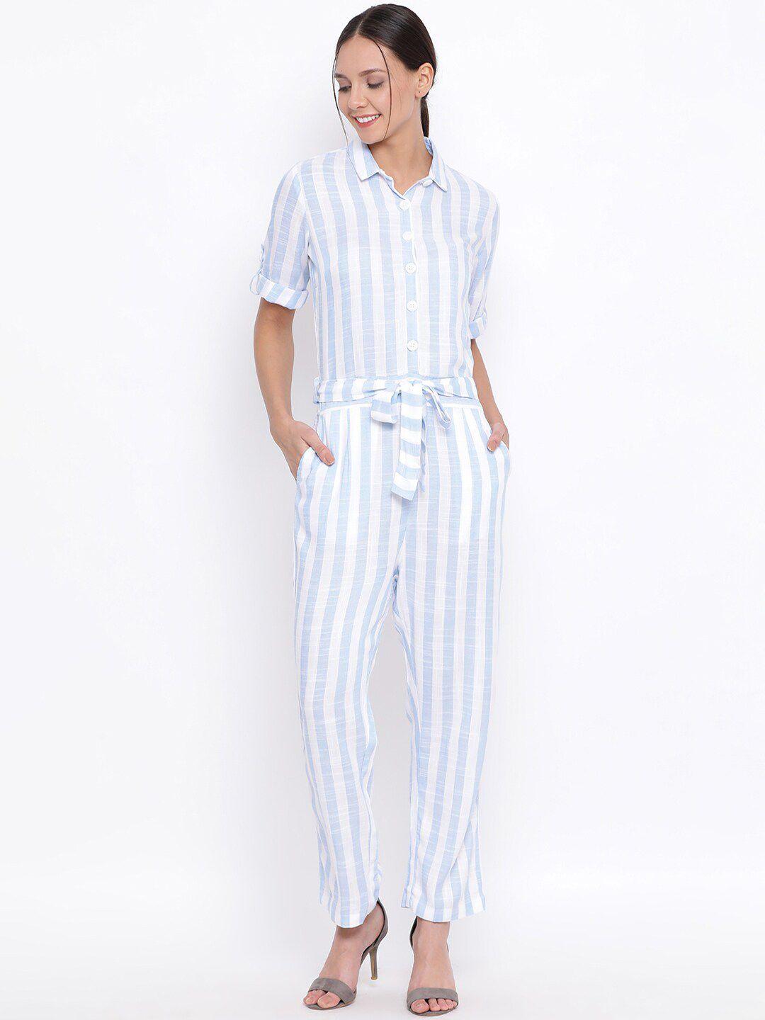 crimsoune club white & blue striped cotton basic jumpsuit