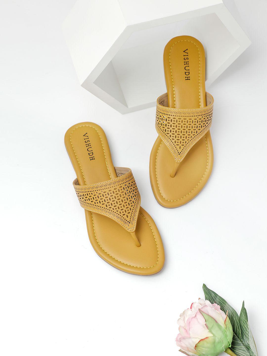 vishudh women yellow t-strap flats with laser cuts