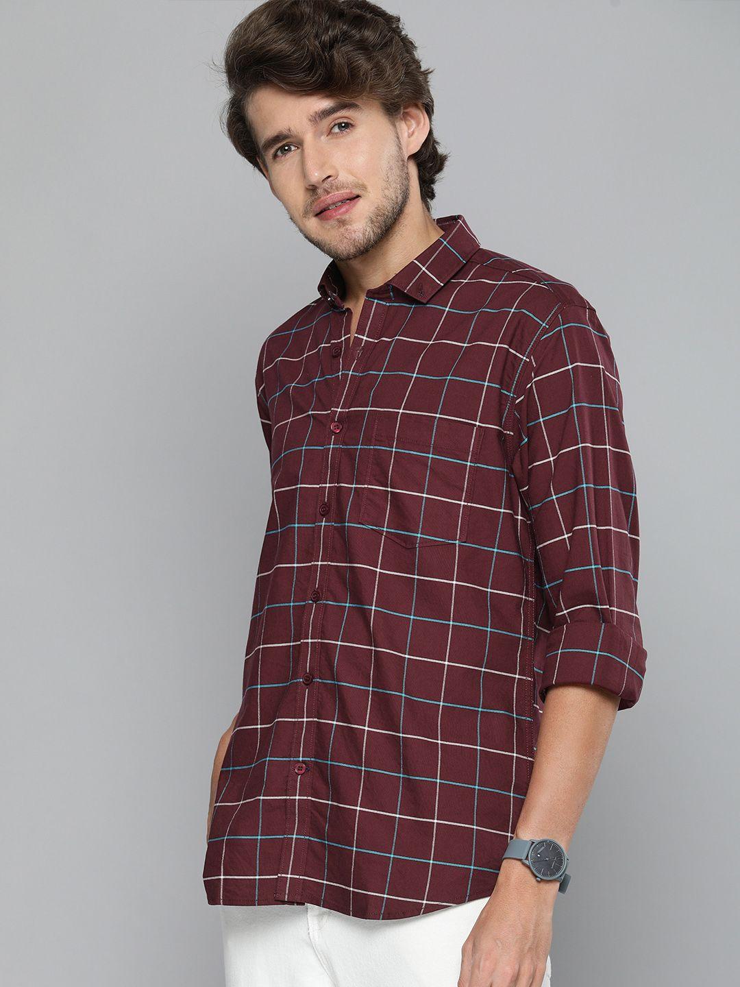 mast & harbour men maroon windowpane checks opaque checked casual shirt