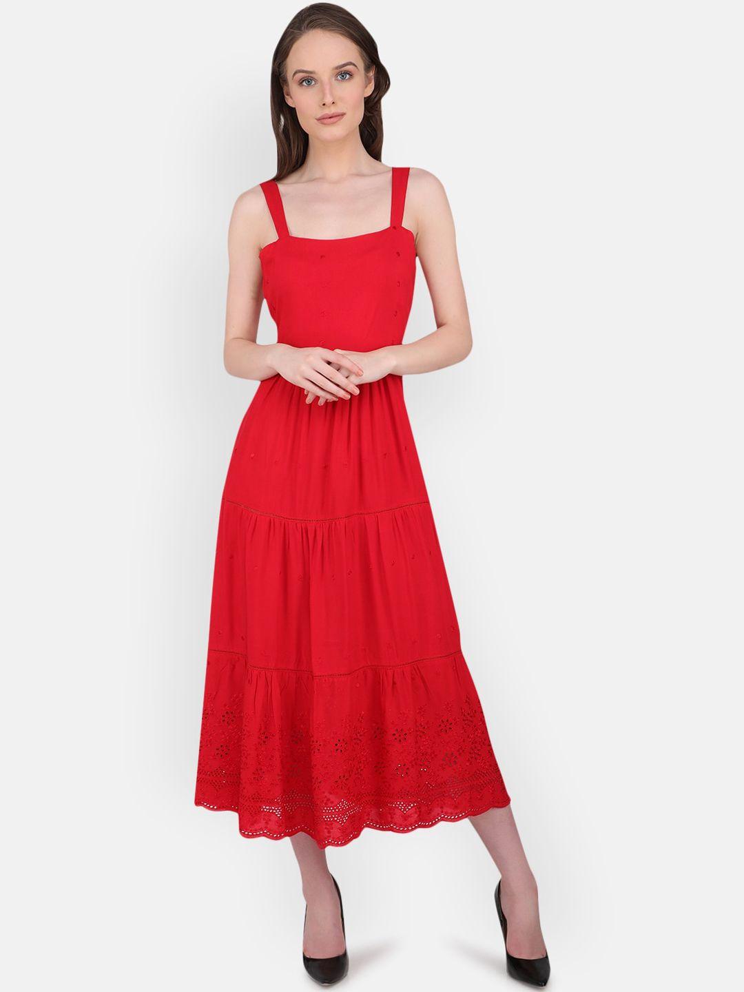 marc louis red tiered schiffli midi dress