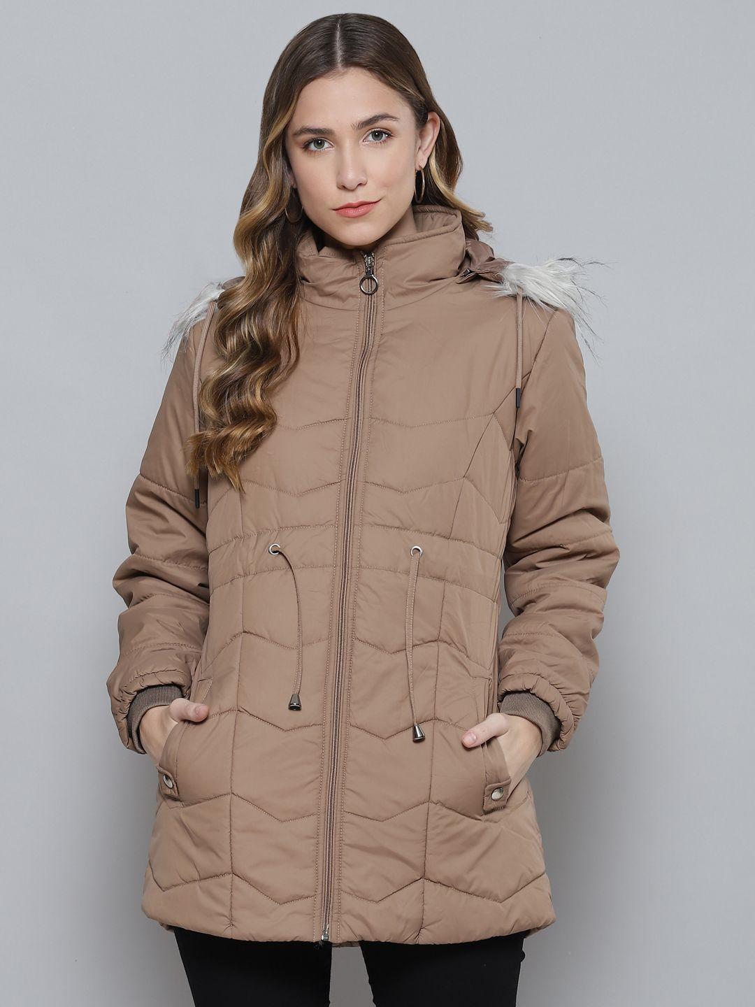 foreign culture by fort collins women beige solid parka jacket with detachable hood