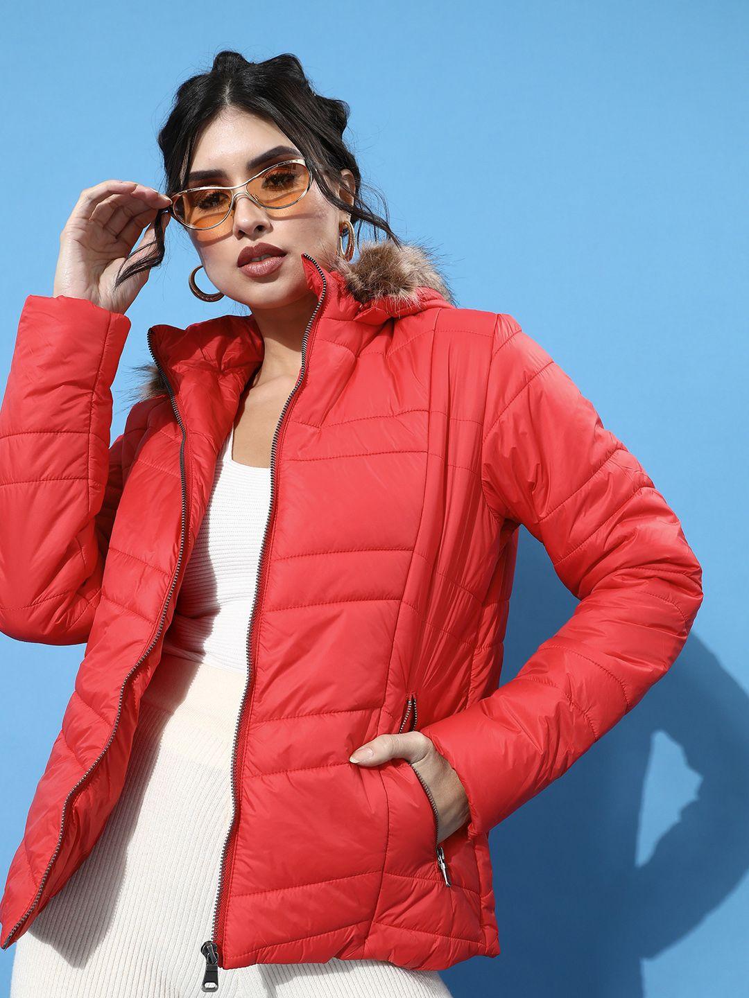 here&now women gorgeous red solid parka jacket