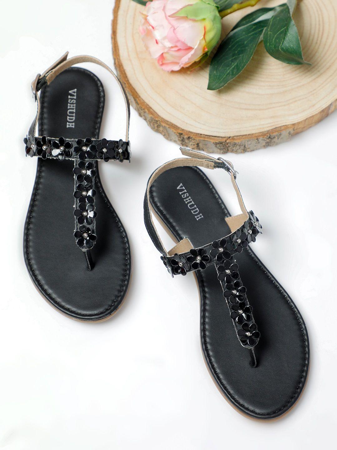 vishudh women black embellished t-strap flats