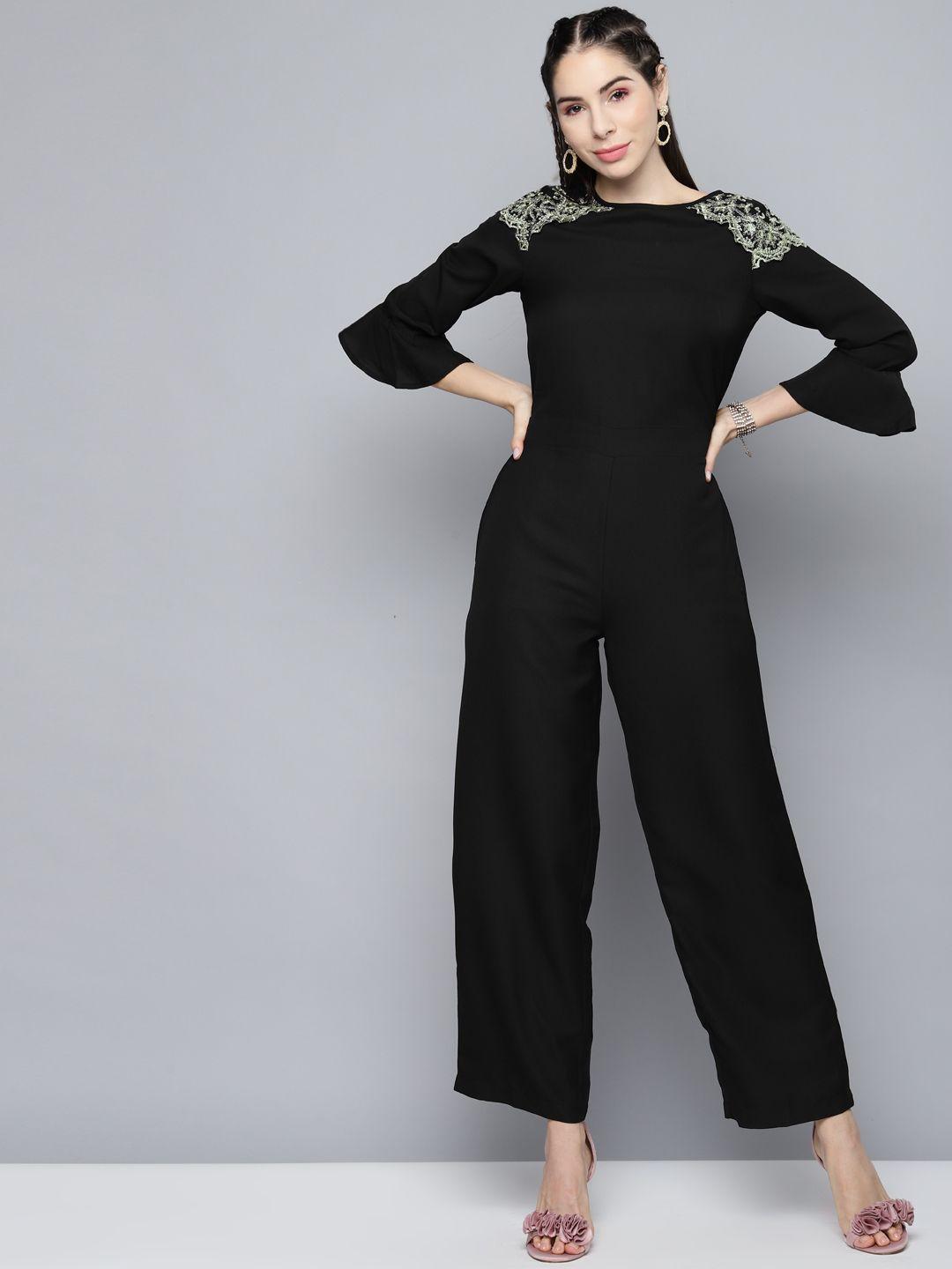 sassafras black basic solid jumpsuit with lace inserts