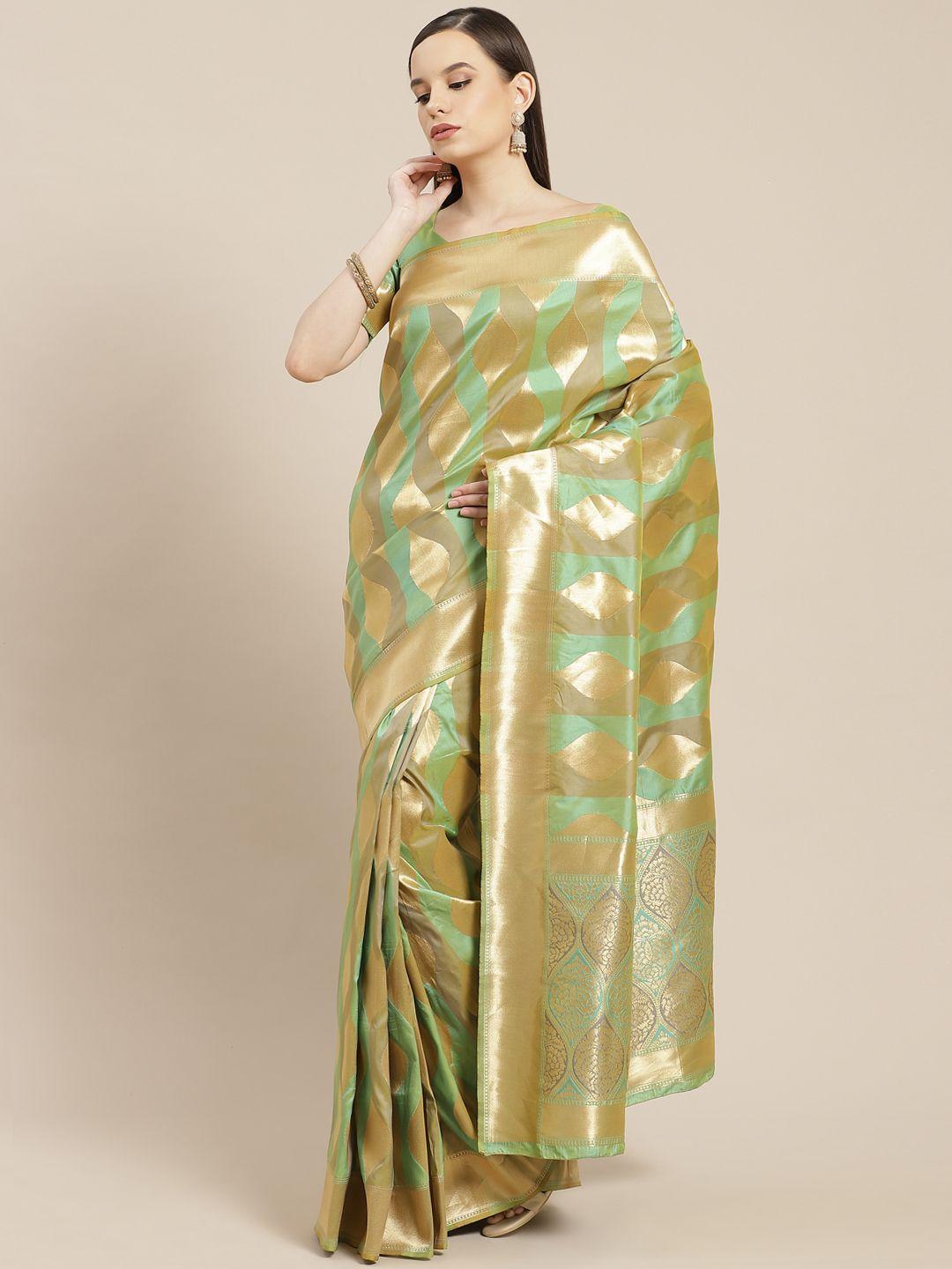 shubhvastra green & golden ethnic motifs woven design banarasi saree